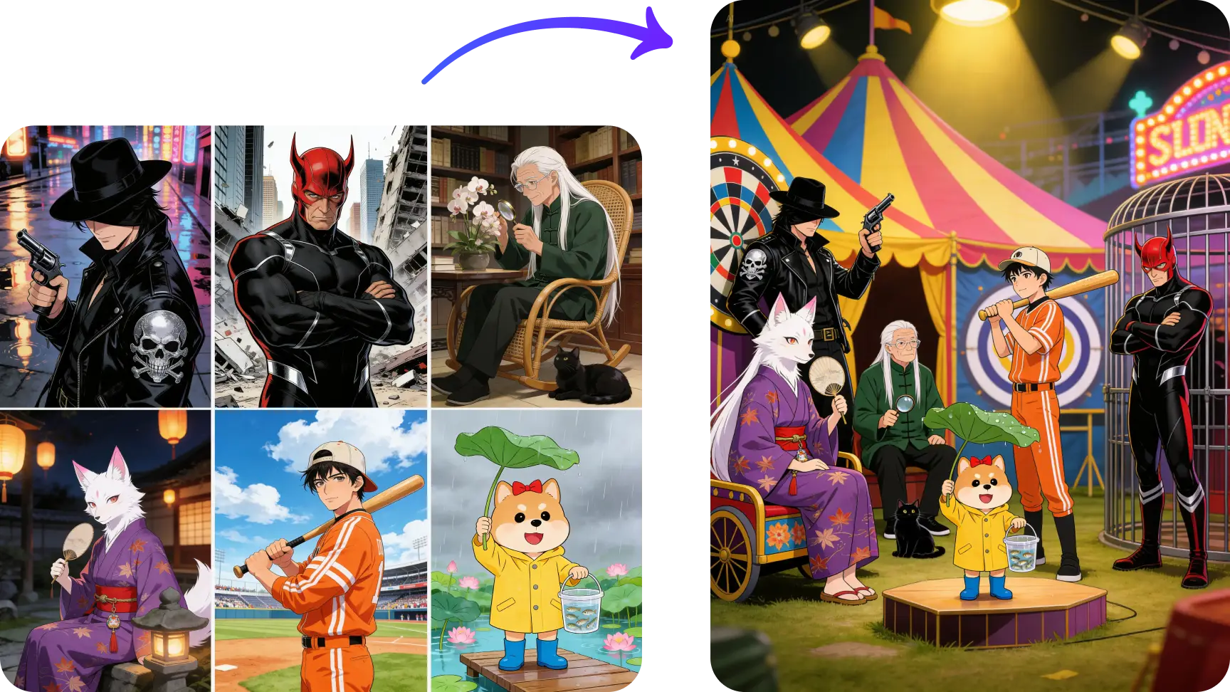 使用 seedream 4.5 生成了一張團體照，將來自不同世界觀的 6 個角色重新混搭在一起